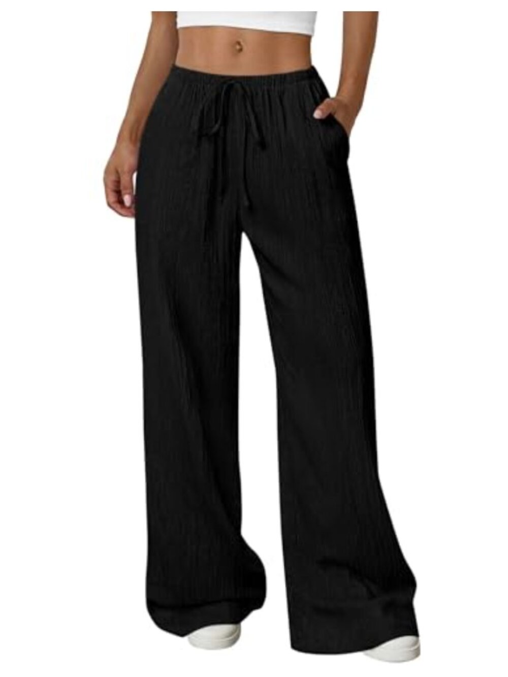Women's High Waist Wide Leg Palazzo Pants with Pockets, Crinkle Texture Casual